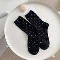 Japanese style black cotton crew socks with white polka dots and silk bow detail - One Size / Black Polka Dot