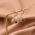 Elegant gold flower earrings with white natural pearls and lapis lazuli beads - Double-layer Flower Ear Hook