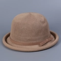 Detail of vintage knit bowler hat featuring khaki texture and a delicate ribbon bow - M (56-58cm) / Khaki