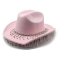 Détail d'un chapeau de cowboy rose avec des franges étincelantes en strass argentés - M (56-59cm) / Rose