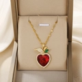 Collar con colgante de manzana en acero de titanio, cristal de corazón rojo y oro - Collar Rojo
