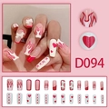 Pink and white press-on nails with 3D bows and red flame patterns, style D094 - D094 (Glue Type)