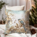 Christmas pillowcase featuring artistic bird and berry illustration on light blue base - TQDS68-6(Hand-painted Bird)