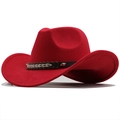 Classic red wide brim western cowboy hat with woven leather band and metal buckle - M (56-58cm) / Red (JXF-548)