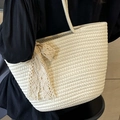 Beige handwoven tote bag with elegant lace bow detail for casual summer outings - Rice White no Flower + Scarf