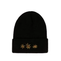 Detailed close-up of golden star floral embroidery on a black knit beanie hat - M (56-58cm) / Black