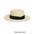 Beige woven straw boater hat featuring a wide black ribbon band for women - French Style / Beige with Black Ribbon