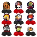 9-piece Halloween honeycomb centerpiece set with spooky designs and colorful bases - Halloween Honeycomb Centerpieces Style A