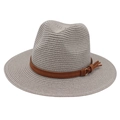 Close-up of grey Fedora hat showing straw texture and brown leather belt with tassel - Gray