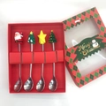 4-piece stainless steel Christmas spoon set with festive silicone handles in a red gift box - Silver Figure D All Spoons 4pcs Xmas Red Box
