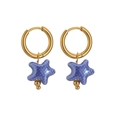 Golden hoop earrings featuring a purple starfish charm and a small golden bead accent - Sapphire Blue