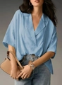 Women's light blue short sleeve v-neck satin blouse paired with casual denim jeans - S / Sky Blue