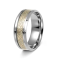 Close-up of silver titanium dragon ring with gold Celtic pattern and brushed steel texture - US 5 / Gold Dragon Pattern