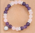 Pink zebra bead friendship bracelet with silver heart charm on gift message card - Heart Amethyst Rose Quartz No Card