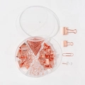 Rose gold office stationery set with binder clips and paperclips in a clear round box - Rose Gold