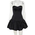 Elegant strapless black A-line dress with slim fit and ruched satin finish on white background - XS / Black