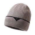 Men's winter knit beanie in taupe with black stripes and a premium metal shield emblem - One Size / Khaki