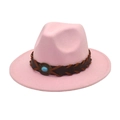 Pink wool fedora hat featuring a brown braided leather band and turquoise stone accent - M (56-58cm) / Pink