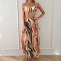 Three-piece bikini set with orange tiger print halter top and side-slit wide-leg pants - Dark Striped Set