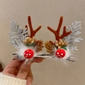 Christmas deer antler hair clips with brown antlers, silver leaves, and red mushroom details - 64# Christmas Antler Hair Clip Silver Christmas Tree