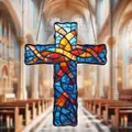 Colorful 2D acrylic cross suncatcher with mosaic patterns and metal hanging chains - Cross-OPP Bag