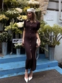 French style dark purple rib-knit dress with puff sleeves and button-down front detail - S / Chestnut