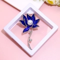 Elegant blue enamel lotus brooch with pearl and crystal detail on a white display stand - XZ185-Blue Lotus-Boxed
