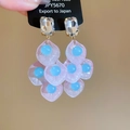Detail of pink resin flower earrings with blue beads and rectangular crystal stud - Pink Multi-layer Petal Drop (22# Silver Pin)