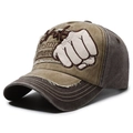 Casquette vintage en denim délavé kaki et marron avec broderie de poing et bords usés - Café