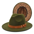 Detail of olive green wool fedora with brown leather strap and leopard print lining - M (56-58cm) / Army Green