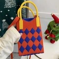 Orange and blue diamond knit handbag with yellow handles and festive panda design charm - Rhombus Pattern Orange