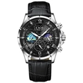 Orologio al quarzo da uomo nero con cinturino in pelle e visualizzazione delle fasi lunari - Argento/Nero (Cinturino in Pelle)