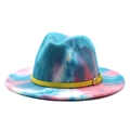 Detailed macro view of vibrant blue and pink tie-dye wool felt hat with yellow belt buckle - M (56-58cm) / Lake Blue Pink and White Tie-Dye