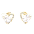 Golden heart stud earrings with rectangular crystal and micro-paved zircons on white backdrop - Golden White