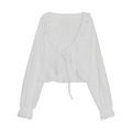 Detail einer weißen V-Ausschnitt Bluse mit Rüschenkanten und Kordelzug vorne - S / Weiß