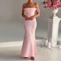 Elegant pink floral jacquard off-shoulder bodycon mermaid evening dress for women - S / Pink