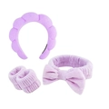 Lavender spa set details showing plush cloud headband, bow hair band and wristbands - Purple Headband Wristbands And Hair Tie Set