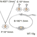 Silver stainless steel lotus jewelry set with orange zircon waterdrop stones and dimensions - Steel Color 3-Piece Set