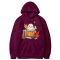 Burgundy Halloween hoodie featuring cartoon ghost and pumpkin motifs with drawstring hood - Burgundy
