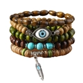 Handmade multilayer wood bead bracelet set with turquoise and evil eye feather charm - Evil Eye Feather Pendant Style (12)