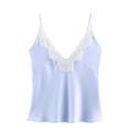 Elegant light blue satin camisole with white lace trim V-neck and thin straps for women - XS / Light Blue