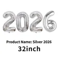Set of four 32-inch silver 2026 number balloons made of shiny metallic aluminum foil - 32 inch / Slim Silver