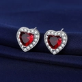 Elegant S925 silver stud earrings with red heart-shaped gemstone and cubic zirconia halo - Red Diamond Heart-shaped Earrings Led-72