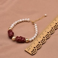 Multi-layer pearl bracelet with red Pixiu bead and gold spacers on a beige fabric base - White Baroque Style (GB0193)