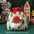 Christmas drawstring gift bag with plush Santa Claus and green tree design, 18x23cm size - Printed Linen Cartoon Bag - Santa Claus