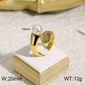 Gold plated ring with 10mm white pearl and micro paved rhinestones on wooden base - Round Pavé Pearl Style(KR32430-K)