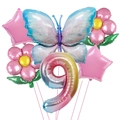 Rainbow gradient number 9 balloon set with large blue butterfly and pink flower accents - Number 9 / Gradient