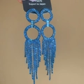 Macro view of blue rhinestone tassel earrings with dangling crystal geometric circles - 38# Blue Double Ring Geometric Tassel Style