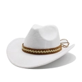 Vue latérale détaillée du chapeau de cowboy blanc en feutre avec ruban en cuir tressé - Blanc