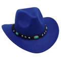 Detail of turquoise studs and silver rivets on the black leather band of a blue felt hat - Kids One Size (54cm) / Blue Cowboy (Turquoise)